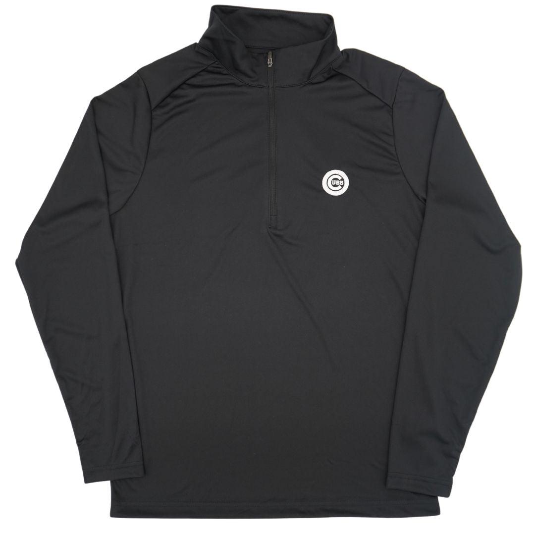 CHICAGO CUBS ANTIGUA MEN'S BULLSEYE LOGO BLACK HALF ZIP PULLOVER Jackets & Outerwear ANTIGUA