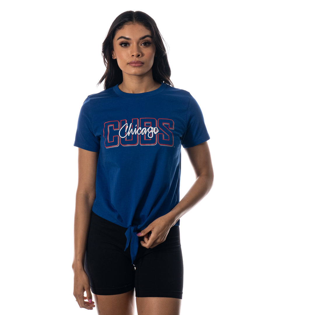 CHICAGO CUBS WILD COLLECTIVE WOMEN'S ROYAL BLUE SCRIPT TWIST FRONT TEE Short Sleeve Tees THE WILD COLLECTIVE