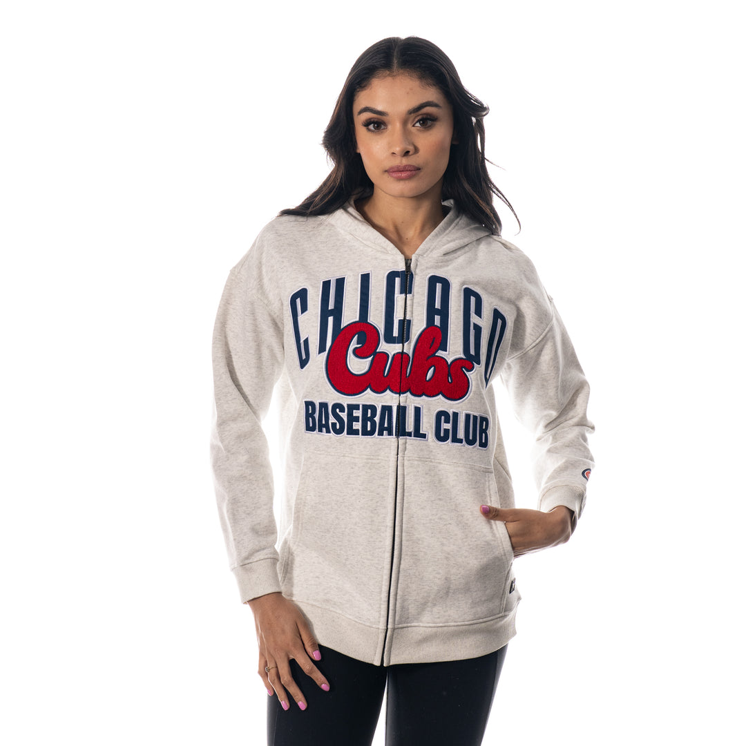 CHICAGO CUBS WILD COLLECTIVE WOMEN'S HEATHER GRAY SCRIPT FULL-ZIP HOODIE Sweatshirts & Hoodies THE WILD COLLECTIVE