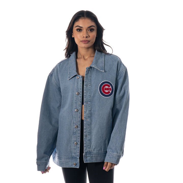 CHICAGO CUBS WILD COLLECTIVE WOMEN'S BULLSEYE HEAVYWASH DENIM JACKET Jackets & Outerwear THE WILD COLLECTIVE