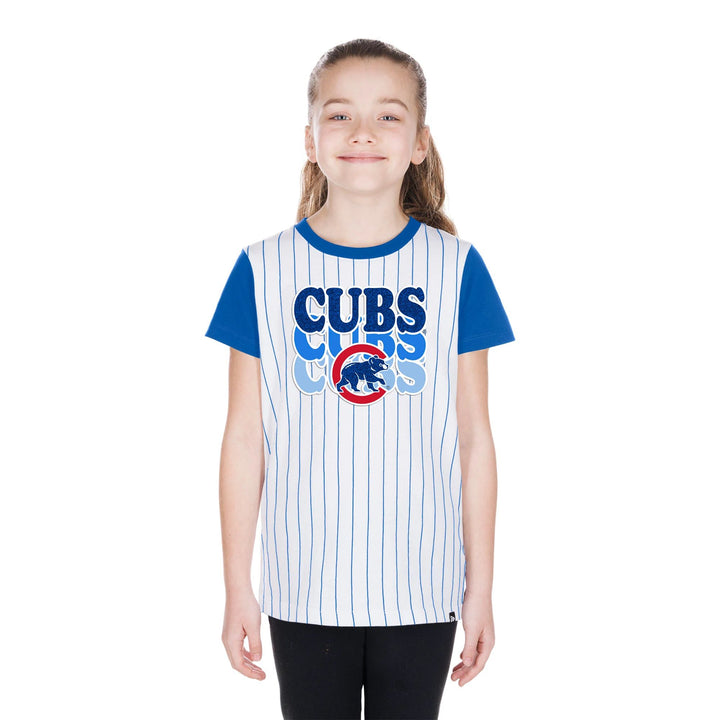 Chicago Cubs New Era Youth Walking Bear Triple Wordmark Pinstripe Tee Short Sleeve Tees NEW ERA CAP COMPANY INC