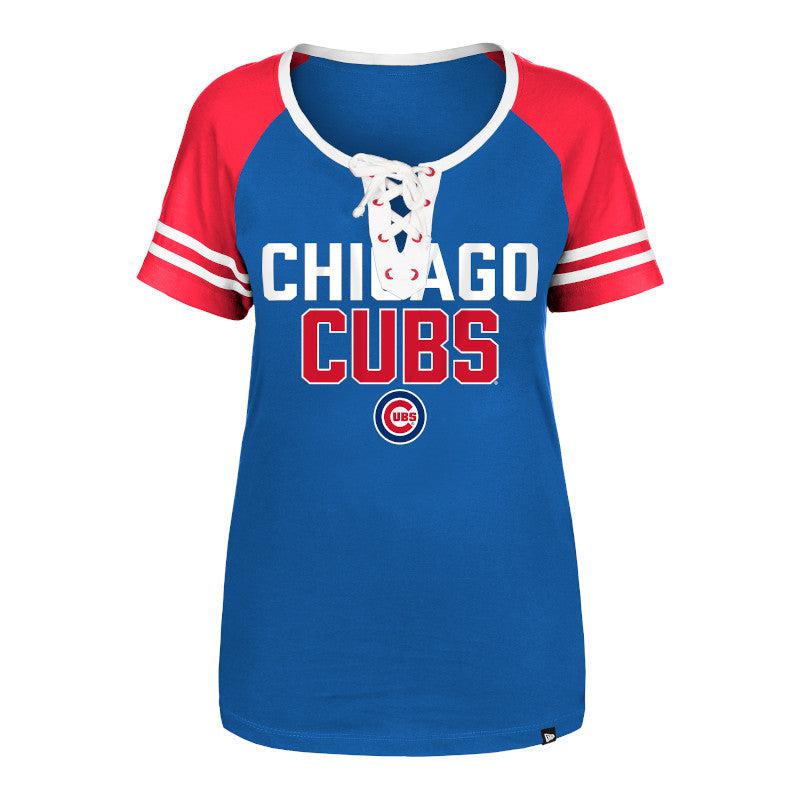 CHICAGO CUBS NEW ERA WOMEN'S LACE UP BLUE AND RED TEE Short Sleeve Tees NEW ERA CAP COMPANY INC