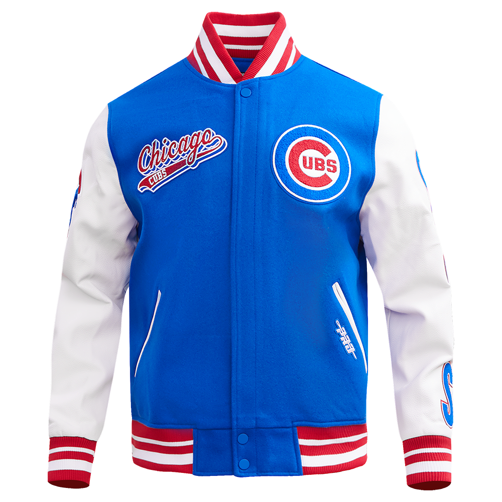 Chicago Cubs Script Wool Varsity Jacket in Royal and Red by Pro Standard Jackets PRO STANDARD