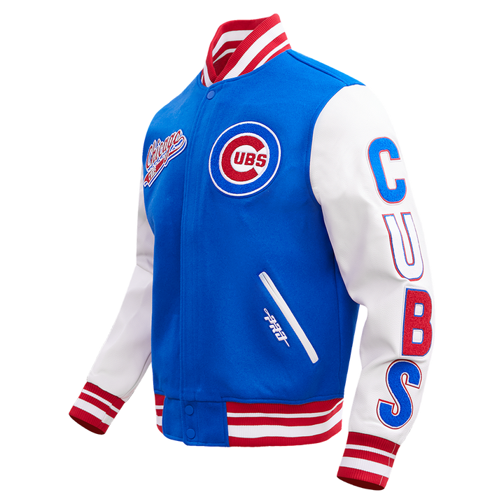 Chicago Cubs Script Wool Varsity Jacket in Royal and Red by Pro Standard Jackets PRO STANDARD