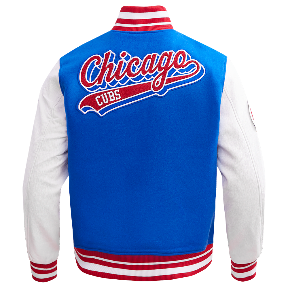 Chicago Cubs Script Wool Varsity Jacket in Royal and Red by Pro Standard Jackets PRO STANDARD