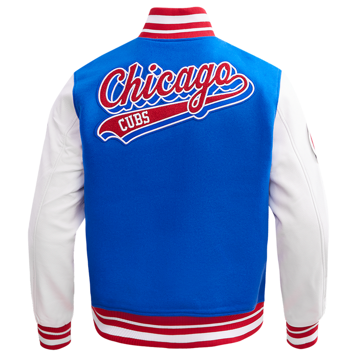Chicago Cubs Script Wool Varsity Jacket in Royal and Red by Pro Standard Jackets PRO STANDARD