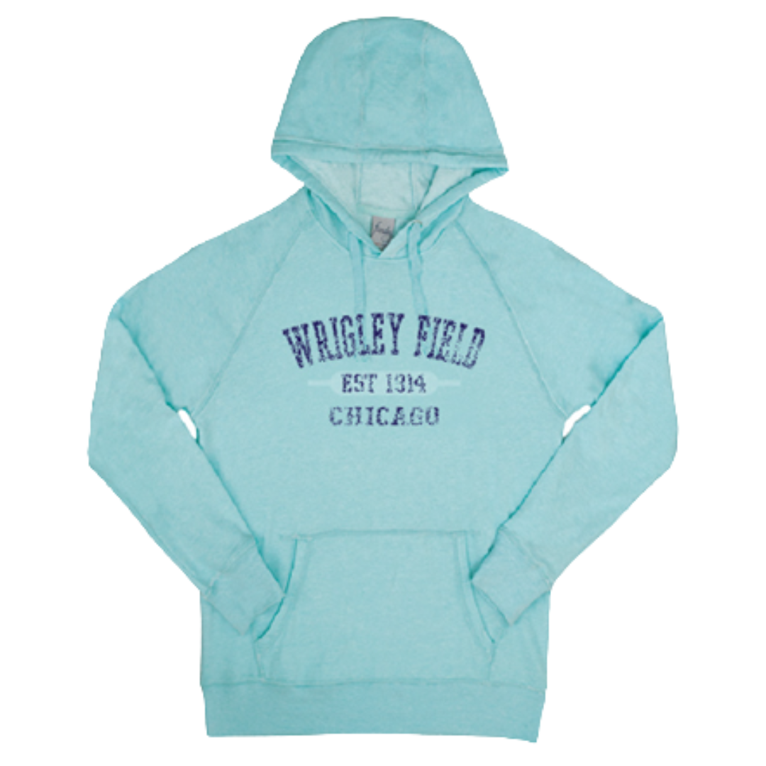 WRIGLEY FIELD AQUA DISTRESSED LETTERING HOODIE Sweatshirts & Hoodies FUNDY